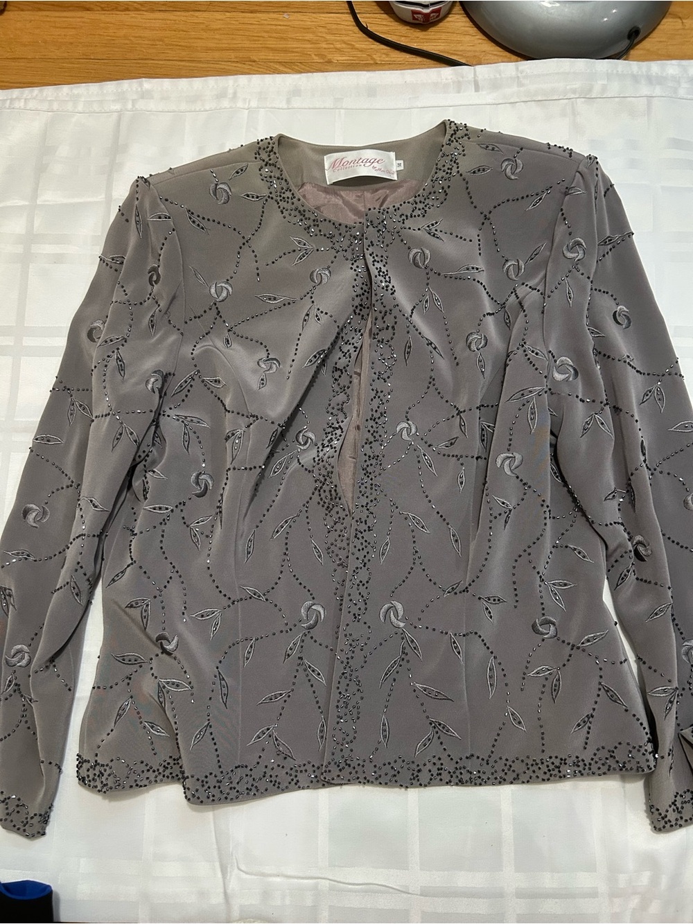 Silk Montage by Mon Cheri Gray Beaded Embroidered Evening Jacket
